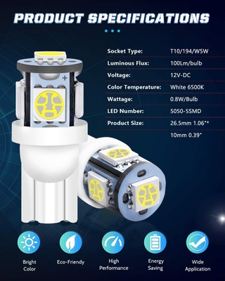 194 Bola Lampu LED Otomotif 6500K Wedge T10 SMD 5050 Chips