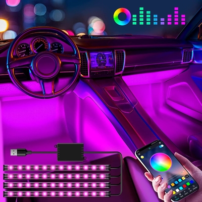 4 Pcs 48 Led Strip Lampu Suasana Interior Mobil IP65 Dengan Kontrol APLIKASI Port USB